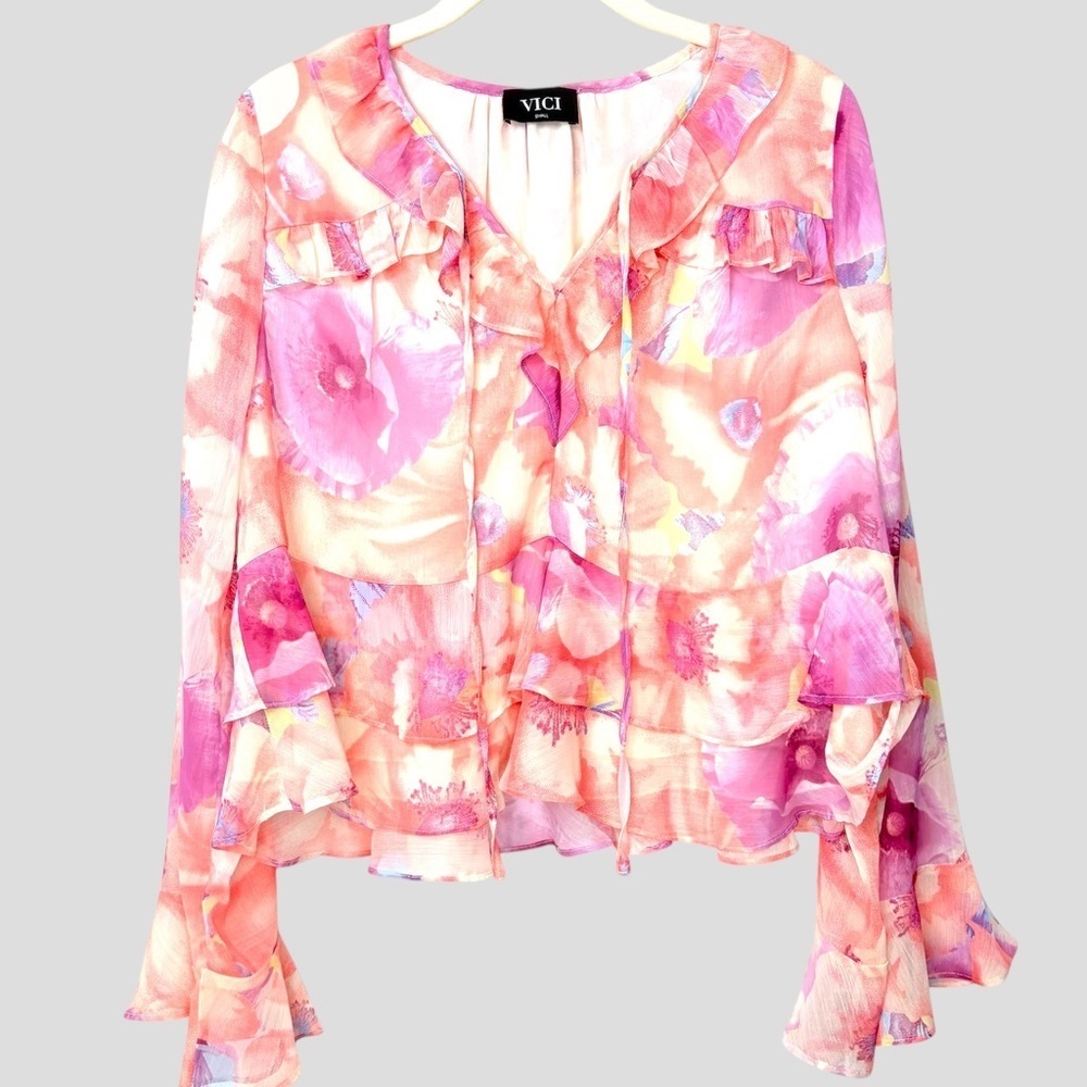 VICI Womens S Sheer Fairy Oversized Ruffle Blouse Whimsical Romantic Blush